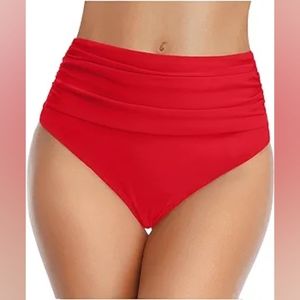 High Waisted Rouche Red Bikiny Swim Bottom - Medium - NWOT